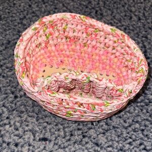Handmade Pink Crochet Basket with Floral Accents